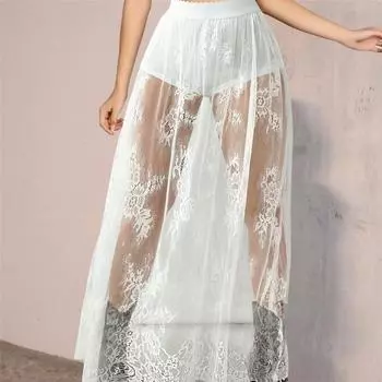 Женская макси-юбка в темном стиле, прозрачная кружевная длинная юбка с цветочной вышивкой, эластичная трапециевидная юбка с высокой талией, сексуальная сетчатая юбка S фиолетовый