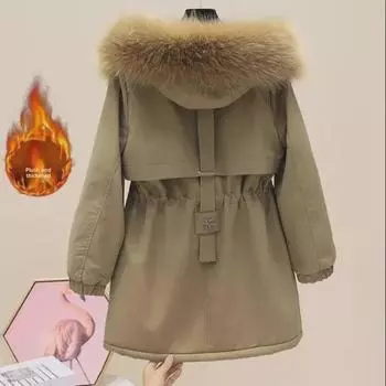 Женская меховая парка с капюшоном 2024 года: Пальто средней длины из плотного бархата с завязкой на талии L, recommended for 105 to 120 jin