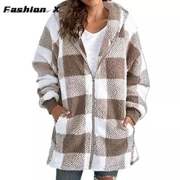 Женская меховая шуба с капюшоном, теплая длинная плюшевая свободная куртка на молнии, большой размер, осенне-зимняя женская повседневная клетчатая куртка, цветное пальто Parker S светло-зеленый