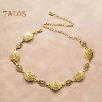 Женская металлическая поясная цепочка в стиле ретро в этническом стиле, регулируемая удлиненная цепочка, декоративный круглый резной пояс, аксессуар для костюма серебряный