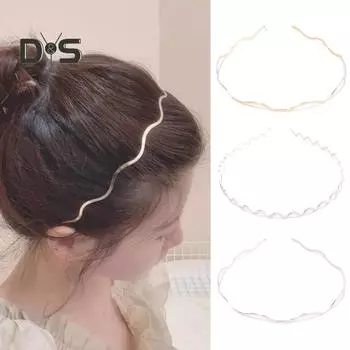 Женская металлическая повязка на голову с геометрической формой волны, обруч для волос, нескользящая эластичная повязка для волос с челкой, аксессуары для волос серебряный