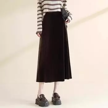 Женская миди-юбка А-силуэта с высокой посадкой из черного золотого бархата - Коллекция Осень/Зима 2024 M - 27 кофейный