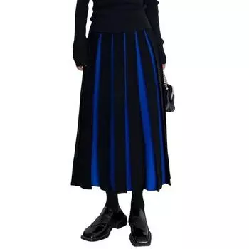 Женская миди-юбка с высокой талией, лоскутная цветная плиссированная юбка, осенняя вязаная юбка, универсальная, удобная для повседневной носки синий