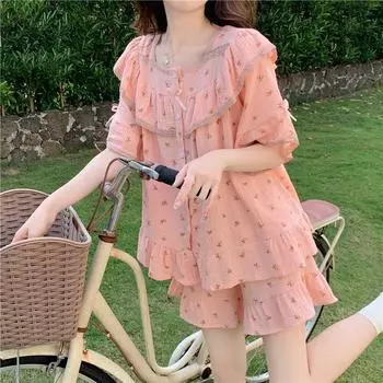 Женская милая цветочная пижама Женский летний комплект кружевная принцесса шорты с короткими рукавами домашняя одежда женская мягкая ночная рубашка домашняя одежда M