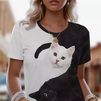 Женская милая футболка с 3D-принтом кошки, с черно-белым дизайном инь-ян, с коротким рукавом, круглым вырезом, повседневный летний топ XS