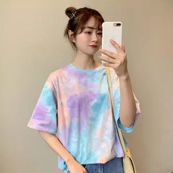 Женская милая футболка Tie Dye O шеи с коротким рукавом, базовая рубашка, свободный топ M фиолетовый