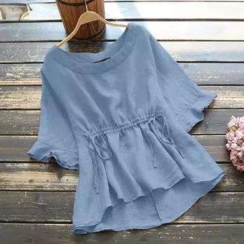 Женская милая хлопковая блузка, повседневный пуловер с короткими рукавами, однотонная рубашка с круглым вырезом и шнурком, белый, розовый S белый