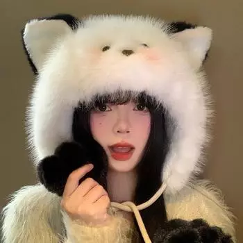 Женская милая меховая шапка с кошачьими ушками, утолщенная теплая шапка Lei Feng, уличная кошачья когтистая шапка с защитой от холода и ушей из хлопка для шопинга Free size