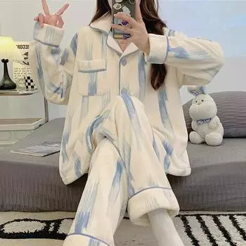 Женская милая пижама осень-зима фланелевая ночная рубашка теплая плотная свободная повседневная домашняя одежда с принтом в технике тай-дай пижама домашняя одежда M синий