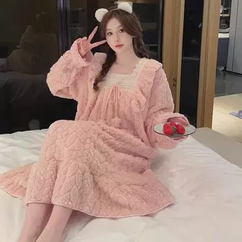 Женская милая пижама принцессы средней длины из фланели – ночная рубашка больших размеров из кораллового флиса на осень/зиму M