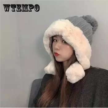 Женская милая плюшевая шапка, зимняя теплая бархатная вязаная шапка с защитой ушей, толстая вязаная зимняя шерстяная шапка со снегом кофейный