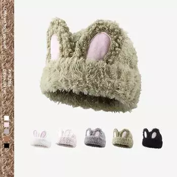 Женская милая стильная мода для вечеринки, зимний костюм с кроличьими ушками, мягкая плюшевая шапка-бини хаки