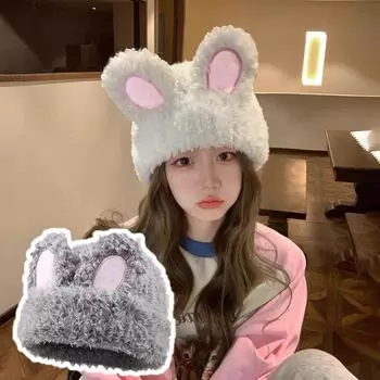 Женская милая стильная мода для вечеринки, зимний костюм с кроличьими ушками, мягкая плюшевая шапка-бини хаки