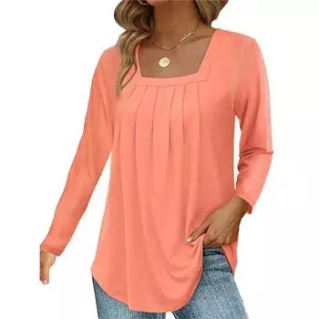 Женская милая стильная плиссированная футболка с квадратным вырезом и длинными рукавами, осенний однотонный топ, женские удобные повседневные свободные футболки, уличная одежда S зелёный