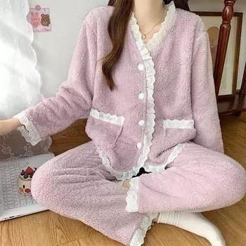 Женская милая свежая кружевная пижама с V-образным вырезом, зимняя пижама из кораллового флиса, теплая кардиган с длинными рукавами, домашняя одежда, ночная рубашка из двух частей M белый