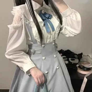 Женская милая топ-блузка, рубашка в стиле Лолиты, новая универсальная одежда с длинными рукавами Y2k, кавайные винтажные кружевные топы с рюшами и бантом, элегантная женская одежда One Size чёрный