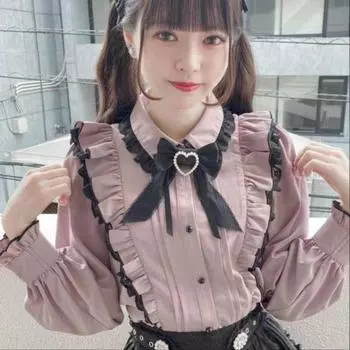 Женская милая топ-блузка, рубашка в стиле Лолиты, новая универсальная одежда с длинными рукавами Y2k, кавайные винтажные кружевные топы с рюшами и бантом, элегантная женская одежда L светло-фиолетовый