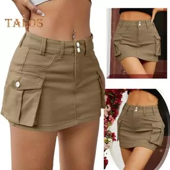 Женская мини-джинсовая юбка с низкой талией, юбка-карго с карманом, однотонная, на пуговицах, на молнии, короткая юбка, уличная одежда M зелёный