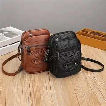 Женская мини-сумка для мобильного телефона из мягкой кожи, повседневная многослойная сумка-мессенджер коричневый
