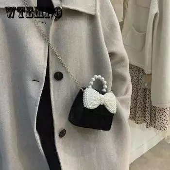 Женская мини-сумка с жемчугом, универсальная сумка на одно плечо, сумка-мессенджер, повседневная сумка, однотонная сумка на цепочке с бантом 14*19*7cm белый