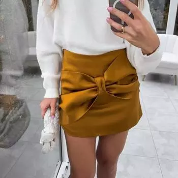 Женская мини-юбка из искусственного атласа с высокой талией, короткая юбка с застежкой-молнией сзади, с бантом, однотонная юбка S жёлтый