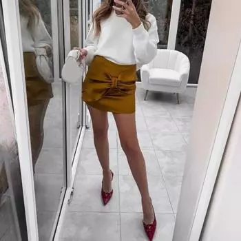 Женская мини-юбка из искусственного атласа с высокой талией, короткая юбка с застежкой-молнией сзади S жёлтый