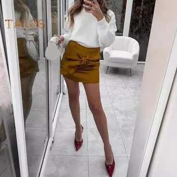 Женская мини-юбка из искусственного атласа с высокой талией, короткая юбка с застежкой-молнией сзади, с бантом, однотонная юбка S жёлтый