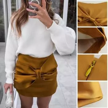 Женская мини-юбка из искусственного атласа с высокой талией, короткая юбка с застежкой-молнией сзади, с бантом, однотонная юбка S жёлтый