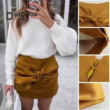 Женская мини-юбка из искусственного атласа с высокой талией, короткая юбка с застежкой-молнией сзади, с бантом, однотонная юбка S жёлтый