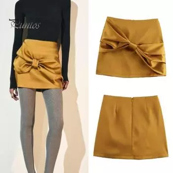 Женская мини-юбка из искусственного атласа с высокой талией, короткая юбка с застежкой-молнией сзади, с бантом, однотонная юбка S жёлтый