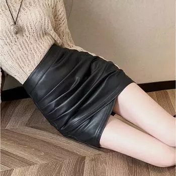 Женская мини-юбка из искусственной кожи, черные осенне-зимние шорты с высокой талией, коричневая корейская модная женская одежда больших размеров S коричневый