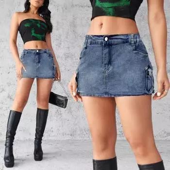 Женская мини-юбка с эластичной застежкой-молнией и высокой талией, джинсовая юбка на пуговицах с несколькими карманами, однотонная короткая юбка на бедрах XL чёрный