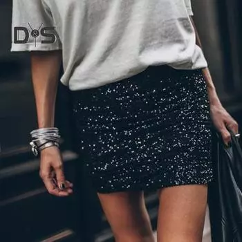 Женская мини-юбка с блестящими пайетками, плиссированная, с высокой талией, на молнии, эластичная, облегающая, А-силуэта, мягкая, дышащая, короткая юбка для клуба и вечеринок S серебряный серый