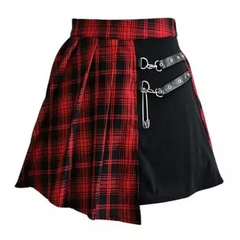 Женская мини-юбка с клетчатым принтом контрастного цвета, плиссированная юбка с высокой талией, металлические цепочки, ремни, украшения, нерегулярная юбка 4XL