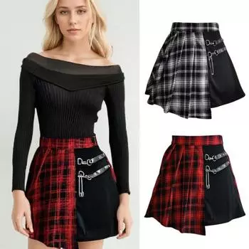 Женская мини-юбка с клетчатым принтом контрастного цвета, плиссированная юбка с высокой талией, металлические цепочки, ремни, украшения, нерегулярные 4XL красный