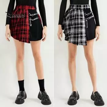 Женская мини-юбка с клетчатым принтом контрастного цвета, плиссированная юбка с высокой талией, металлические цепочки, ремни, украшения, нерегулярная юбка 4XL красный