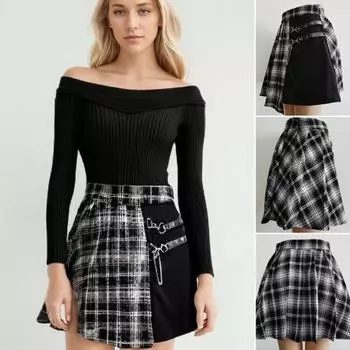 Женская мини-юбка с клетчатым принтом контрастного цвета, плиссированная юбка с высокой талией, металлические цепочки, ремни, украшения, нерегулярная юбка 4XL чёрный