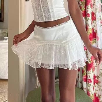 Женская мини-юбка с низкой талией, кружевная отделка, эластичная многослойная плиссированная короткая юбка-трапеция L жёлтый