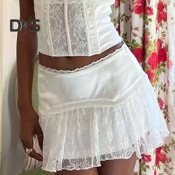 Женская мини-юбка с низкой талией, кружевной строчкой, эластичной многослойной плиссировкой и оборками, короткая юбка А-силуэта, струящаяся юбка с цветочным подолом XL жёлтый