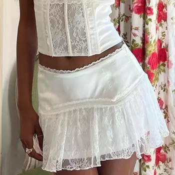 Женская мини-юбка с низкой талией, кружевной строчкой, эластичной многослойной плиссировкой и оборками, короткая юбка А-силуэта, струящаяся юбка с цветочным подолом L розовый