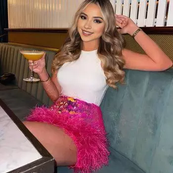 Женская мини-юбка с высокой талией, блестящие пайетки, меховой подол, короткая юбка, однотонная S чёрный