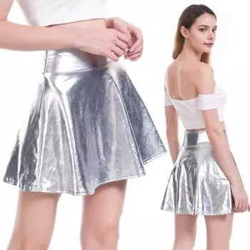 Женская мини-юбка с высокой талией и глянцевой поверхностью, короткая юбка трапециевидной формы с подолом, блестящая юбка-фигуристка для сценического шоу, праздничная одежда 2XL золотистый