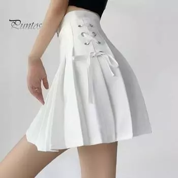 Женская мини-юбка с высокой талией и боковой шнуровкой, плиссированная юбка, однотонная юбка-трапеция с подкладкой, шорты, уличная одежда S белый