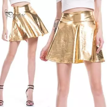 Женская мини-юбка с высокой талией и глянцевой поверхностью, короткая юбка трапециевидной формы с подолом, блестящая юбка-фигуристка для сценического шоу, праздничная одежда S золотистый