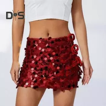Женская мини-юбка с высокой талией и шнуровкой по бокам, короткая юбка с блестками, юбка с запахом на бедрах, сексуальная юбка для вечеринки S розы красного