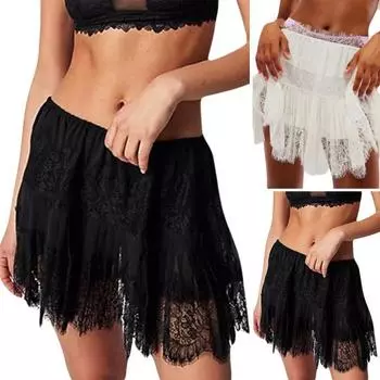 Женская мини-юбка с высокой талией, многослойная кружевная сетчатая юбка, однотонная, милый стиль, короткая XXL чёрный