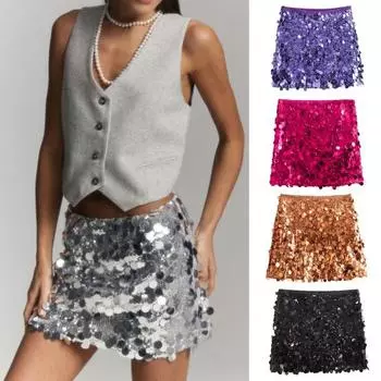 Женская мини-юбка с высокой талией, сверкающая блестками, А-силуэт, короткая юбка, облегающая бедра, юбка для вечеринки, свадьбы, клубная одежда S чёрный