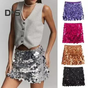 Женская мини-юбка с высокой талией, сверкающая блестками, А-силуэт, короткая юбка, облегающая бедра, юбка для вечеринки, свадьбы, клубная одежда S чёрный