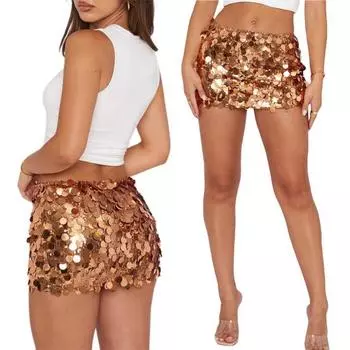 Женская мини-юбка с высокой талией, сверкающая блестками, А-силуэт, короткая юбка с запахом на бедрах S чёрный