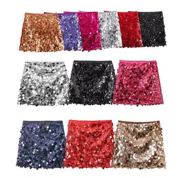 Женская мини-юбка с высокой талией, сверкающая блестками, короткая юбка с запахом на бедрах, для вечеринки, свадьбы, клубная одежда XS чёрный